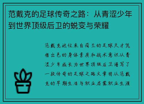 范戴克的足球传奇之路：从青涩少年到世界顶级后卫的蜕变与荣耀