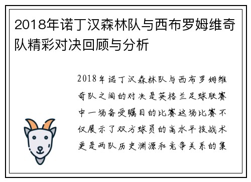 2018年诺丁汉森林队与西布罗姆维奇队精彩对决回顾与分析