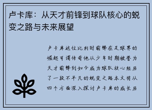卢卡库：从天才前锋到球队核心的蜕变之路与未来展望