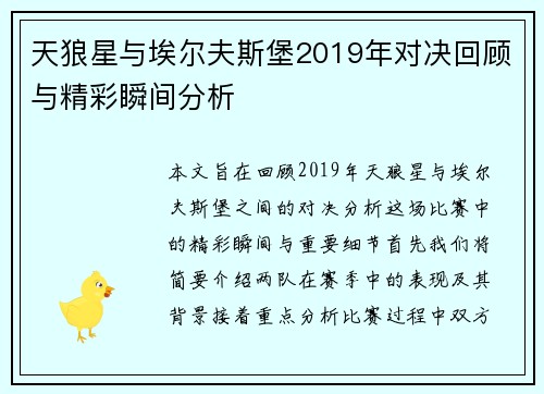 天狼星与埃尔夫斯堡2019年对决回顾与精彩瞬间分析