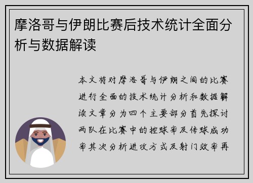 摩洛哥与伊朗比赛后技术统计全面分析与数据解读