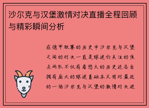 沙尔克与汉堡激情对决直播全程回顾与精彩瞬间分析