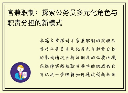 官兼职制：探索公务员多元化角色与职责分担的新模式