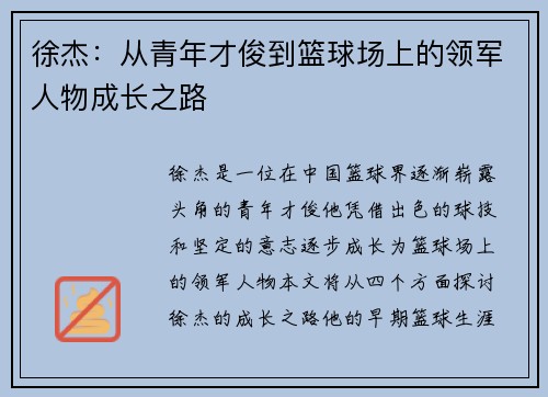 徐杰：从青年才俊到篮球场上的领军人物成长之路