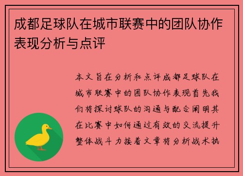 成都足球队在城市联赛中的团队协作表现分析与点评