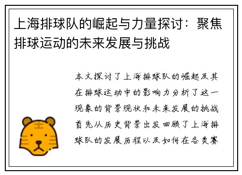 上海排球队的崛起与力量探讨：聚焦排球运动的未来发展与挑战