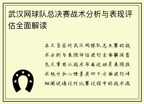 武汉网球队总决赛战术分析与表现评估全面解读