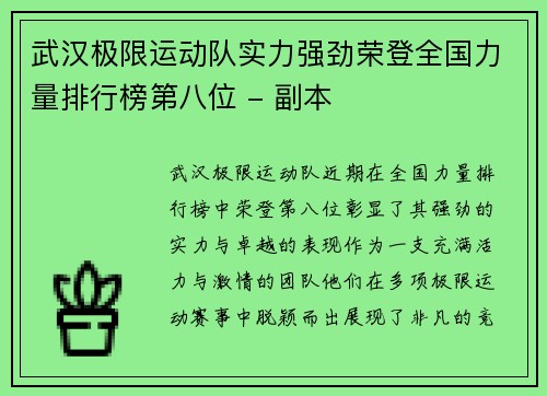 武汉极限运动队实力强劲荣登全国力量排行榜第八位 - 副本