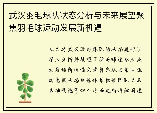 武汉羽毛球队状态分析与未来展望聚焦羽毛球运动发展新机遇