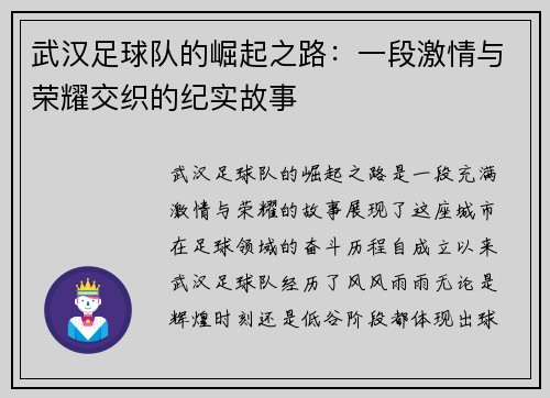 武汉足球队的崛起之路：一段激情与荣耀交织的纪实故事
